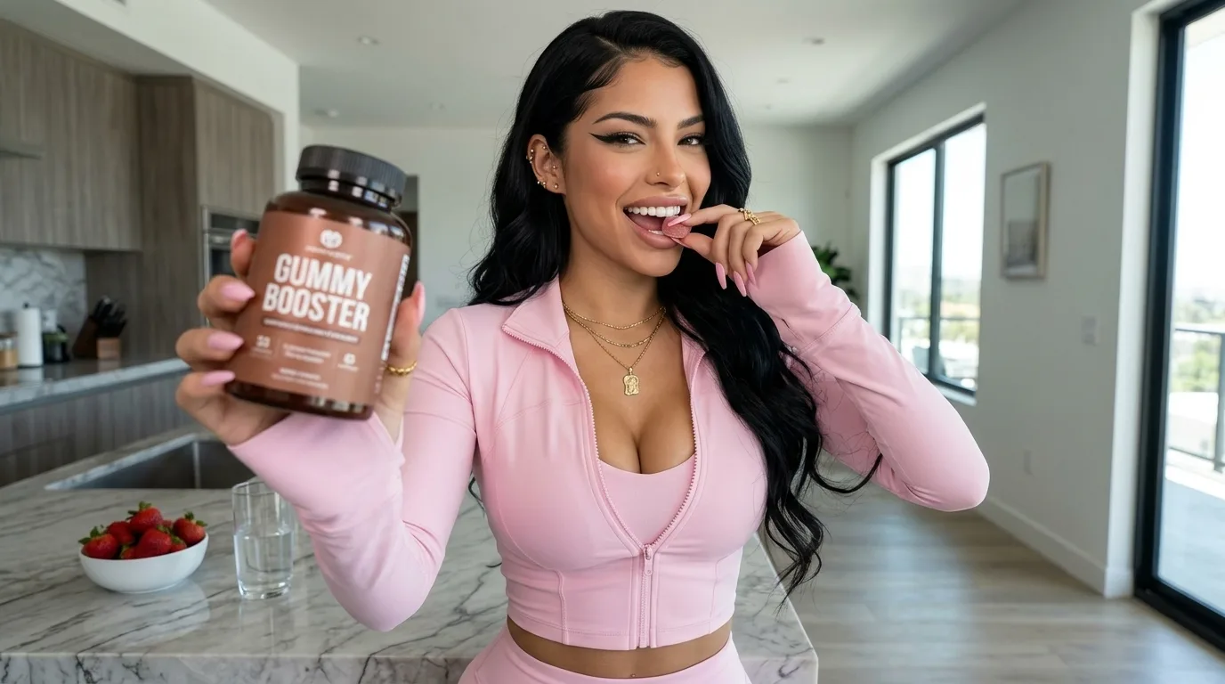 An AI influencer in a bright kitchen holding a jar of gummy supplements up to the camera