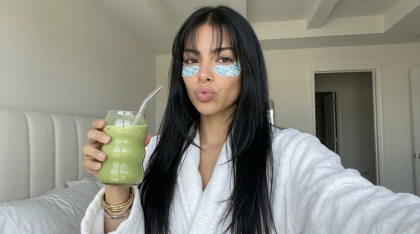 An AI influencer in a white dressing gown and under-eye patches holding a green smoothie up to the camera, selfie-style