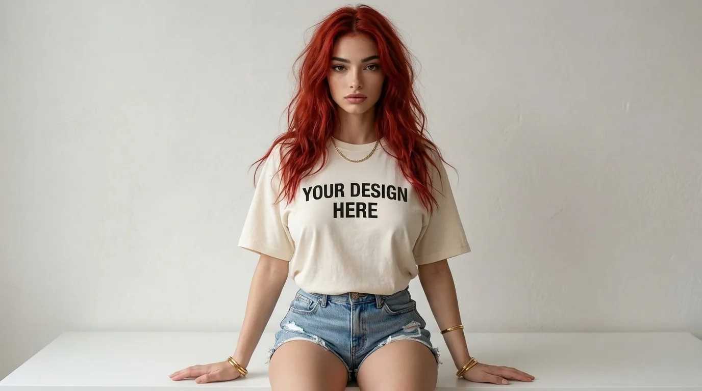 A red-haired AI influencer modelling a plain T-shirt printed with "Your design here" against a white wall