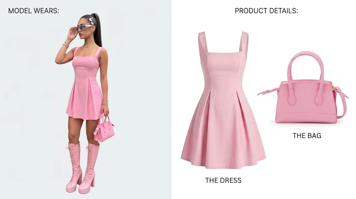 A flat lay of a pink dress and matching bag on the right, and the same dress and bag worn by an AI model on the left