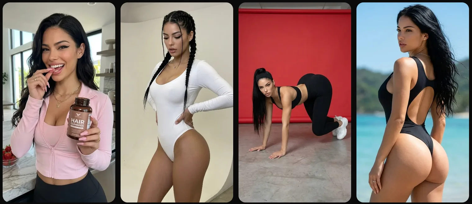 The same dark-haired AI character in four shots: smiling in a kitchen holding a supplement bottle, posing in a white bodysuit with braids, on all fours in black activewear against a red backdrop, and in a black swimsuit on a beach