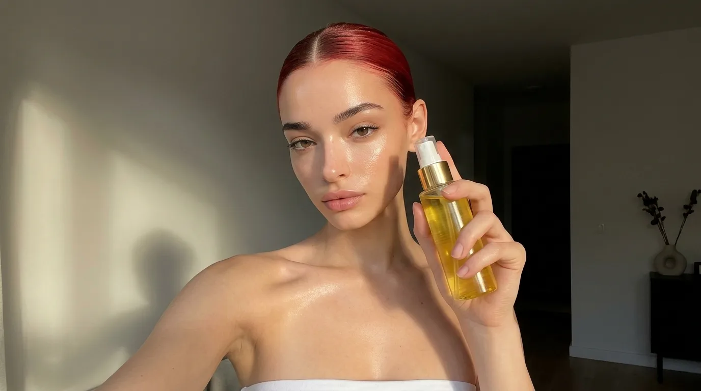 An AI influencer with red hair holding a bottle of golden body oil up to the camera in a sunlit flat