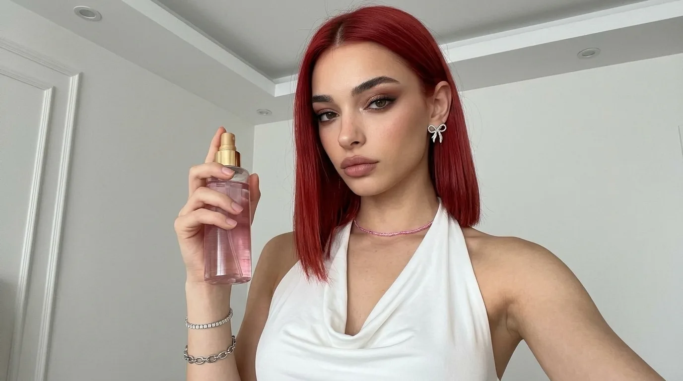 The same red-haired AI influencer in a white halter top holding a pink spray bottle to a phone camera, shot from a selfie angle